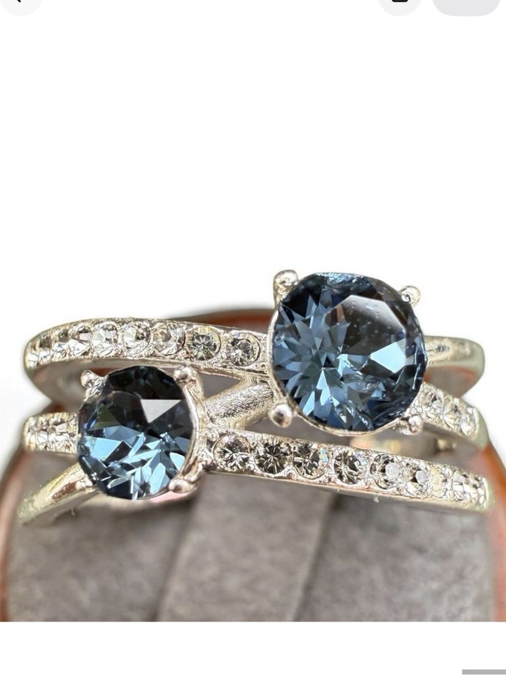 Adjustable Silver Tone Ring Double Blue Stones Rhinestone Bands Size 9.5